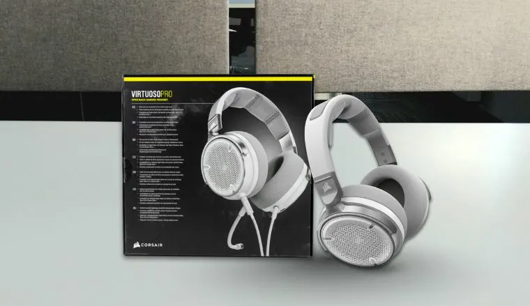 Corsair Virtuoso PRO Headset on a white office desk in a top-down view for a review