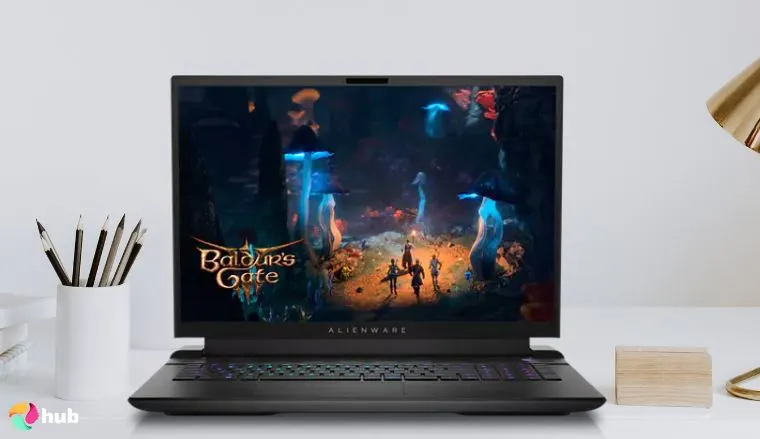 Dell Alienware m18 R2 Laptop on a white office desk in a top-down view for a review