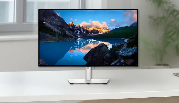 Dell UltraSharp U2723QE Monitor on a white office desk styled neatly for a review