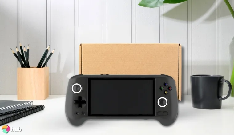 Doriteney RG556 Handheld Gaming PC on a white office desk in close-up for a review