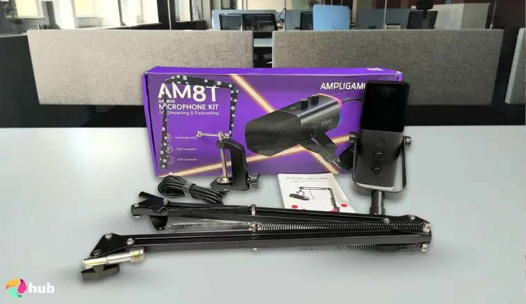 FIFINE AM8T XLR Microphone on a white office desk positioned for photography