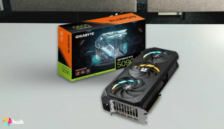 Gigabyte GeForce RTX 5090 GPU on a white office desk prepared for testing shots