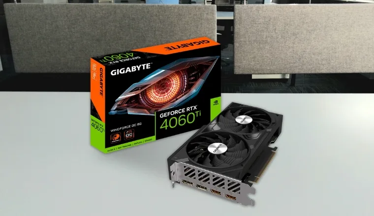 Gigabyte NVIDIA GeForce RTX 4060 Ti GPU on a white office desk positioned for photography