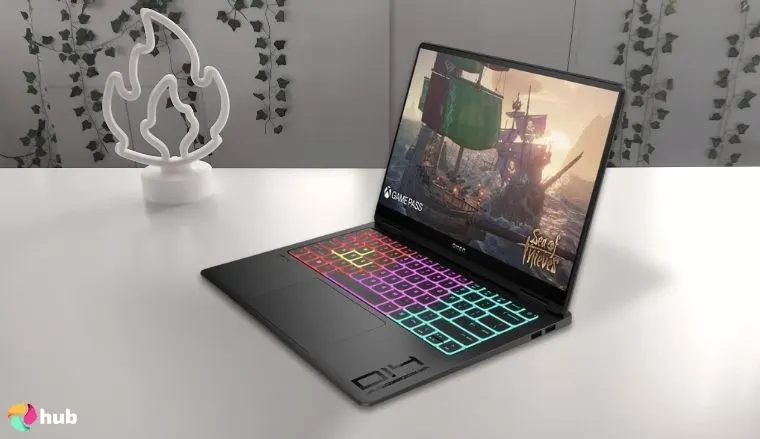 HP Omen Transcend 14 HP Gaming Laptop on a white office desk in a well-lit setting for a review