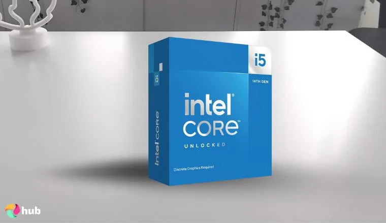 Intel Core i5-14600KF CPU on a white office desk styled for promotional review