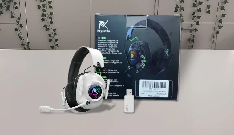 Krysenix Gaming Headset Headset on a white office desk styled for promotional review