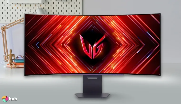 LG 45GS95QE Monitor on a white office desk positioned for photography