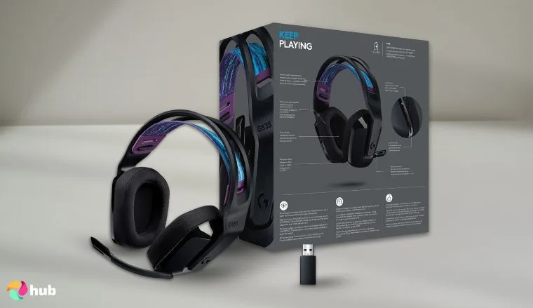 Logitech G535 Headset on a white office desk with soft lighting for a review