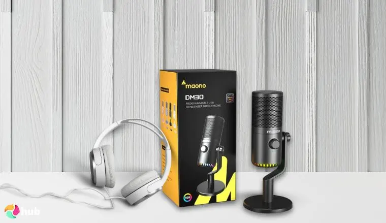 MAONO DM30 RGB Microphone on a white office desk styled for promotional review