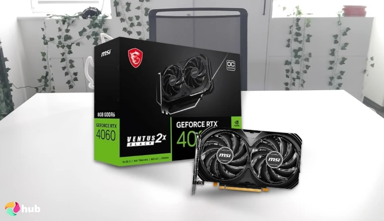 MSI GeForce RTX 4060 GPU on a white office desk styled for promotional review