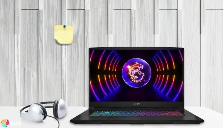 MSI Katana 17 Gaming Laptop on a white office desk in a clean setup for a review