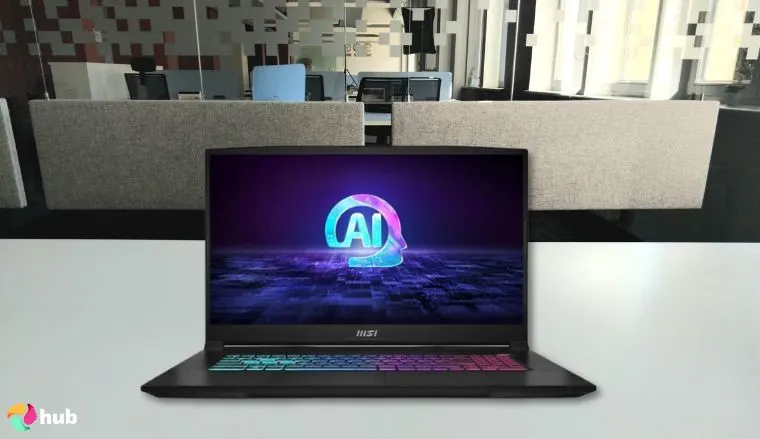 MSI Katana A17 AI 17.3 gaming laptop on a white office desk prepared for product photography