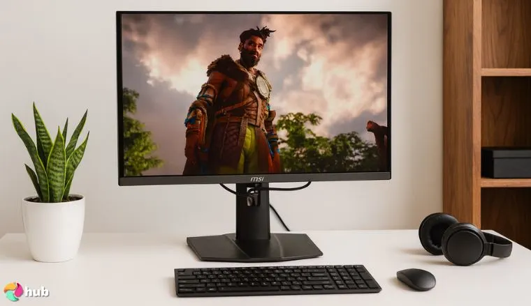 SI MPG 271QRX QD-OLED Monitor on a white office desk styled neatly for a review