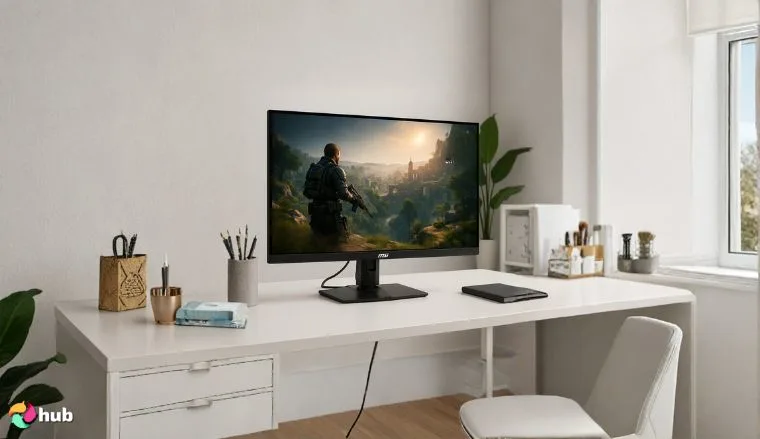 MSI MPG 321URX QD-OLED Monitor on a white office desk positioned for photography