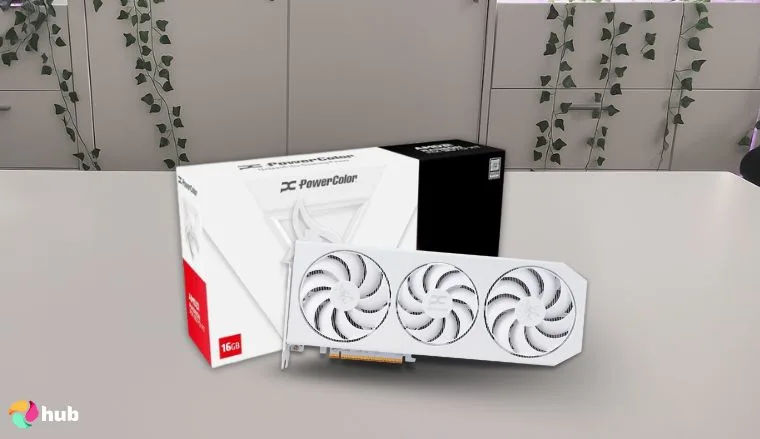 PowerColor Hellhound RX 9070 XT GDDR6 AMD GPU] on a white office desk with simple styling for a review