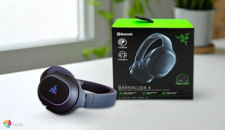 Razer Barracuda X Chroma Headset on a white office desk in close-up for a review