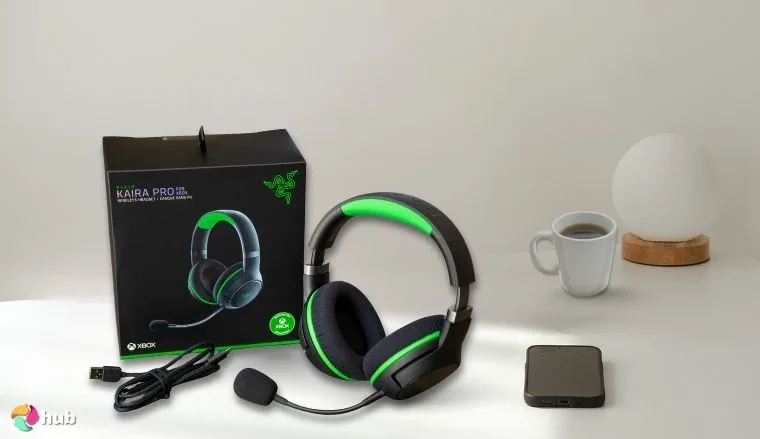 Razer Kaira Pro Dual Headset on a white office desk in a well-lit setting for a review