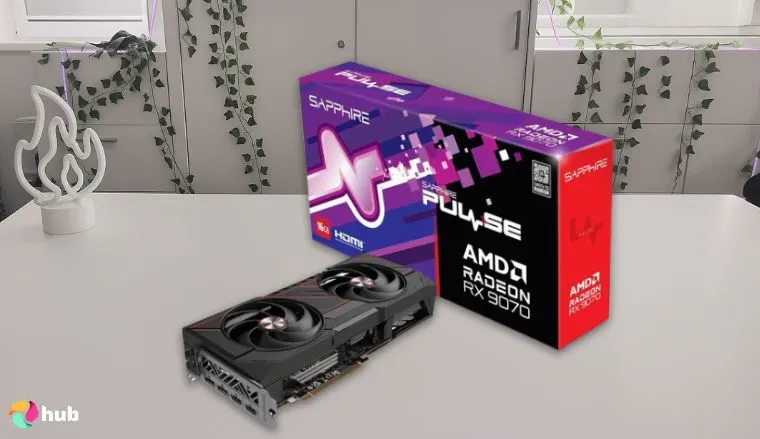Sapphire AMD Radeon RX 9070 AMD GPU on a white office desk with balanced composition for a review