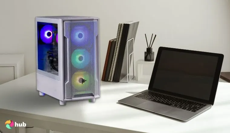 Skytech Archangel Gaming PC on a white office desk styled for promotional review