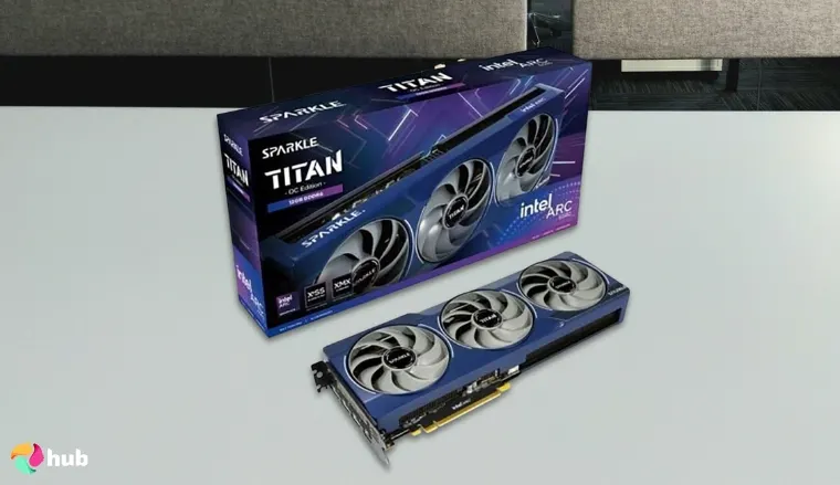 WEELIAO Sparkle Intel Arc B580 GPU on a white office desk with balanced composition for a review
