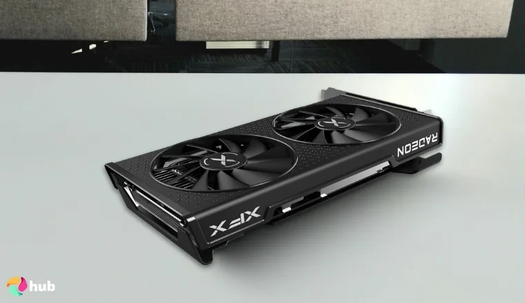 XFX Speedster SWFT210 Radeon RX 7600 GPU on a white office desk set for a professional product review