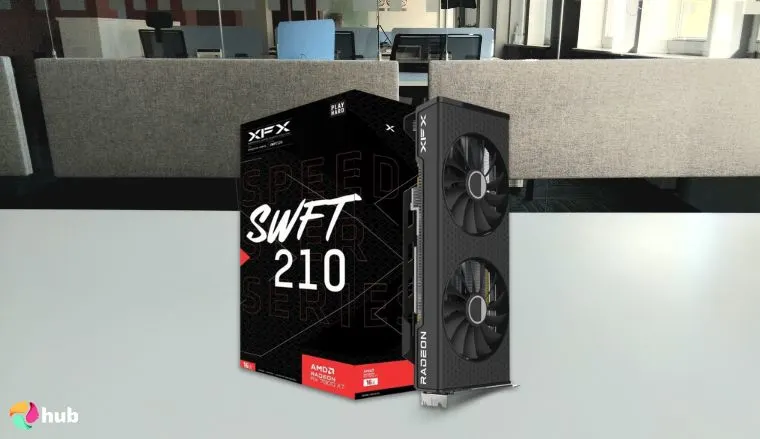 XFX Speedster SWFT210 Radeon RX 7800XT AMD GPU] on a white office desk in a bright workspace for a review