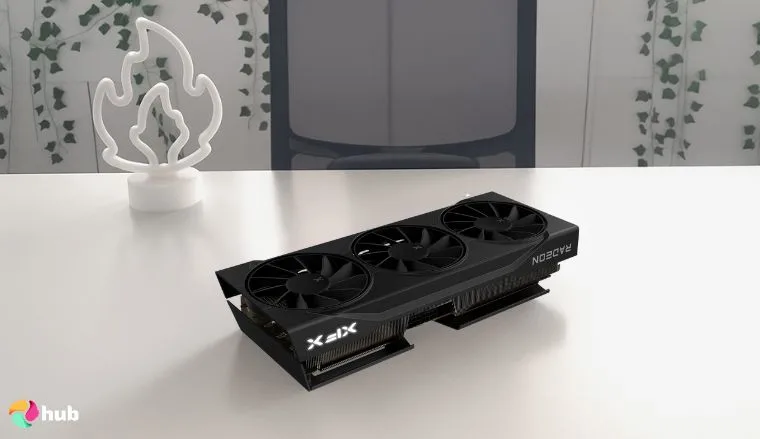 XFX Swift AMD Radeon RX 9070XT AMD GPU on a white office desk in a top-down view for a review