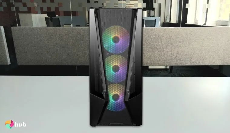 iBUYPOWER Trace 7 Mesh Gaming PC on a white office desk prepared for testing shots