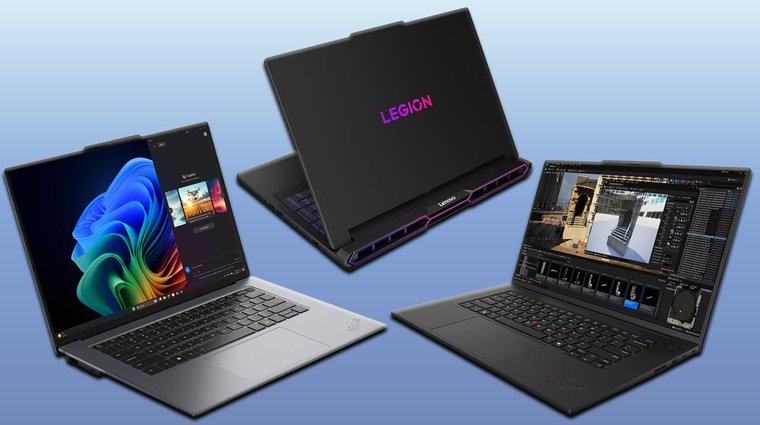 Three Lenovo laptops on a blue background