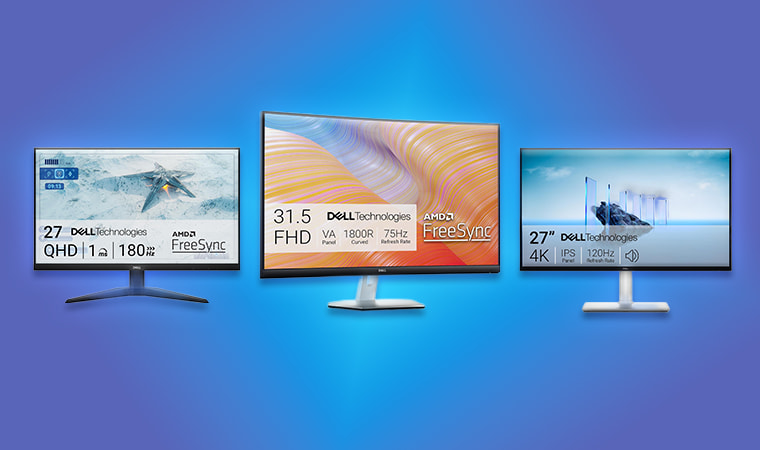 Three Dell monitors on display