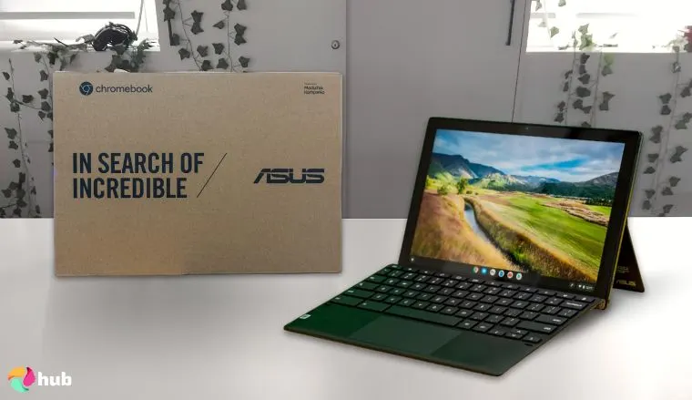 ASUS Chromebook Detachable CM3001 Laptop on a white office desk with soft lighting for a review