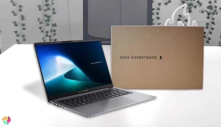 ASUS ExpertBook P5 P405 Laptop on a white office desk with soft lighting for a review