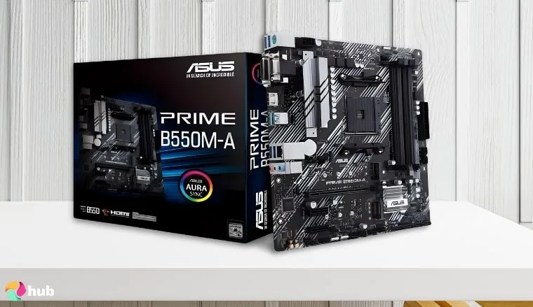 ASUS Prime B550M-A AMD Motherboard on a white office desk in close-up for a review