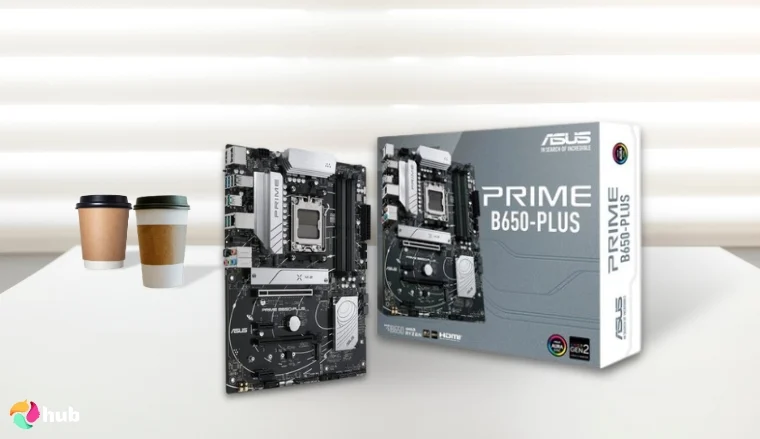 ASUS Prime B650-PLUS Motherboard on a white office desk in a top-down view for a review