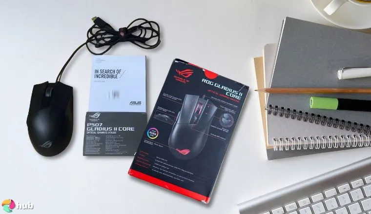 ASUS ROG Gladius II Core Lightweight Mouse on a white office desk styled for a review