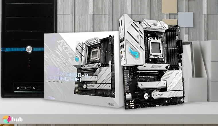 ASUS ROG Strix B650-A Gaming WiFi 6E AM5 AMD Motherboard on a white office desk with an editorial style for a review