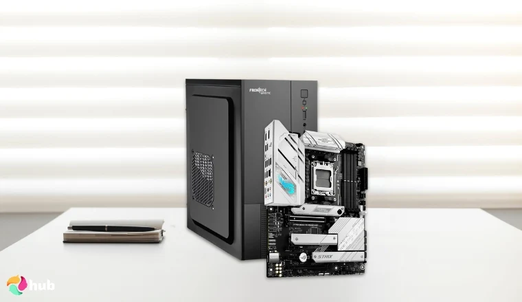 ASUS ROG Strix B650-A Gaming WiFi 6E Motherboard on a white office desk in a bright workspace for a review