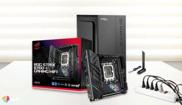 ASUS ROG Strix B760-I Gaming WiFi Motherboard on a white office desk in a minimalist setup for a review