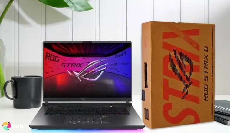 ASUS ROG Strix G16 (2025) Laptop on a white office desk set for a professional product review