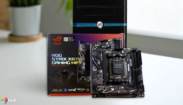 ASUS ROG Strix X870-A Gaming WiFi Motherboard on a white office desk styled neatly for a review