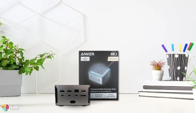 Anker Prime TB5 14-in-1 Docking Station on a white office desk with natural shadows for a review