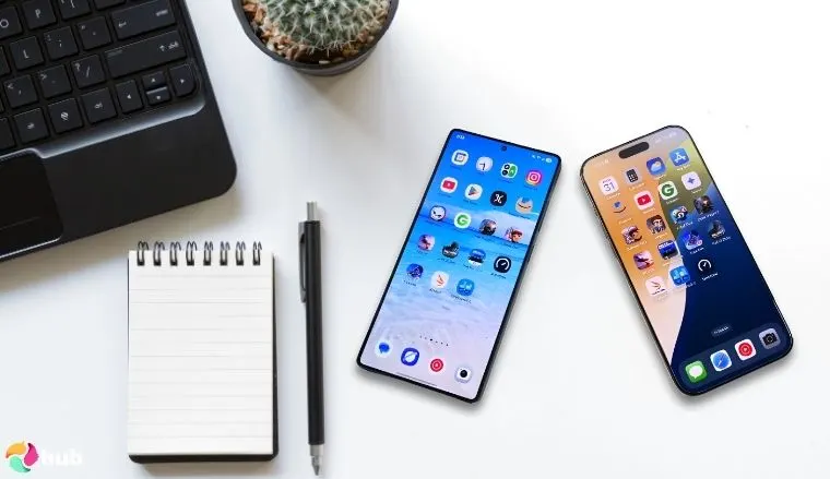 Apple and Samsung smartphones on a white office desk with neat arrangement for a review