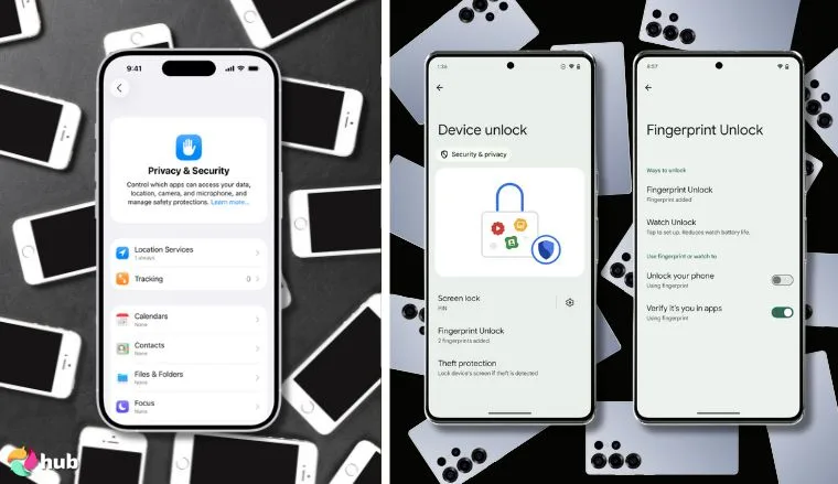 Privacy and security options on Samsung and Apple phones screens