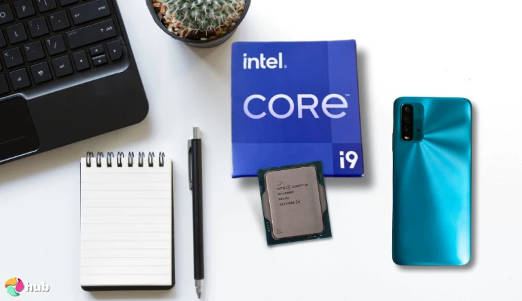 Core i9-12900K Intel CPU on a white office desk with natural shadows for a review