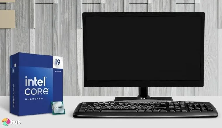 Core i9-14900K Intel CPU on a white office desk in a top-down view for a review