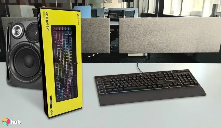 Corsair K55 RGB PRO Membrane Keyboard on a white office desk ready for a product review