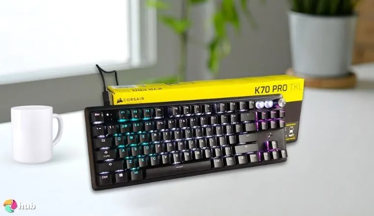 Corsair K70 PRO TKL RGB Tenkeyless Mechanical Keyboard on a white office desk set up for testing and review