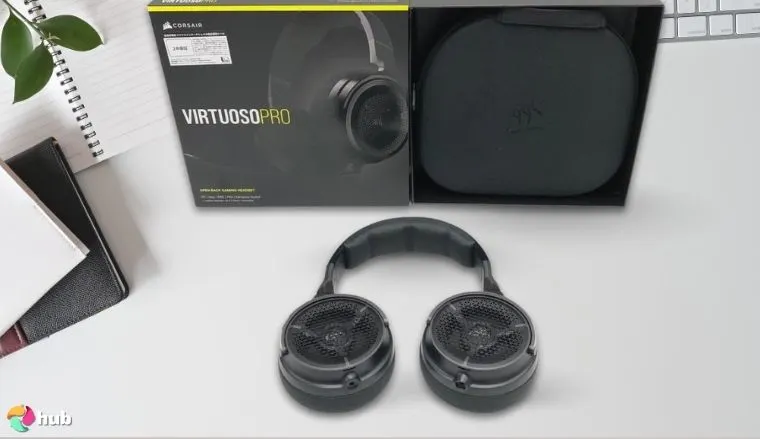 Corsair Virtuoso Pro Wired Headset on a white office desk with neat arrangement for a review