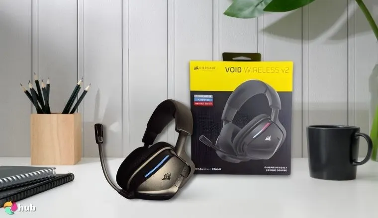 Corsair Void v2 Headset on a white office desk arranged for a review