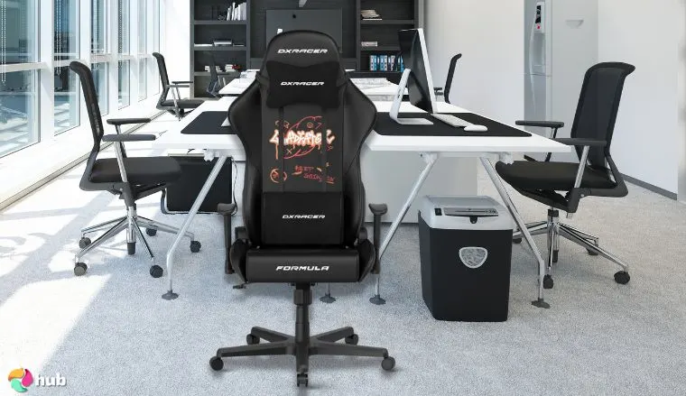 DXRacer Formula L Ergonomic Gaming Chair in the office with soft lighting for a review